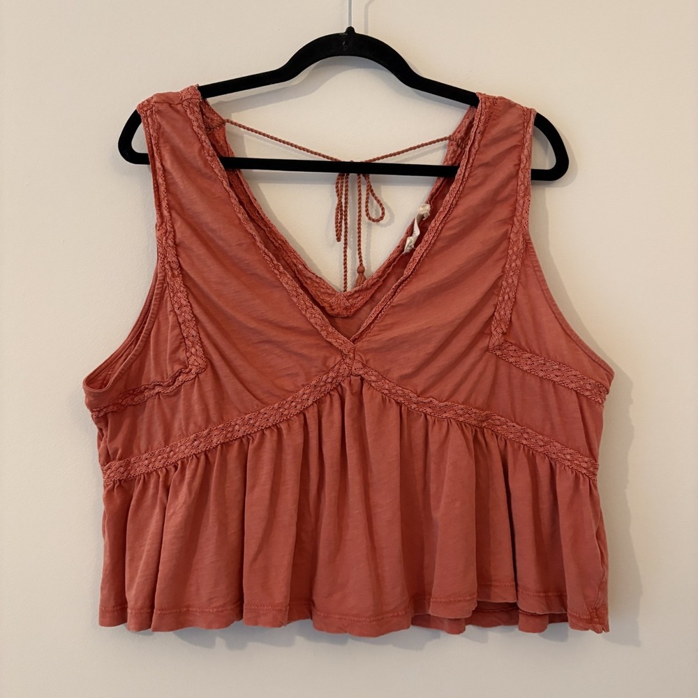 Lucky Brand Babydoll Crochet Crop Tank Top XL Boho Cottage Flowy Cotton Tassels